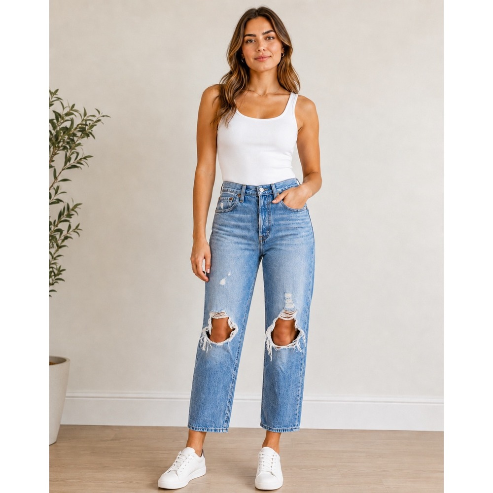 Levis 501 Original Fit Distressed Light Wash Blue Straight Leg Jeans Womens